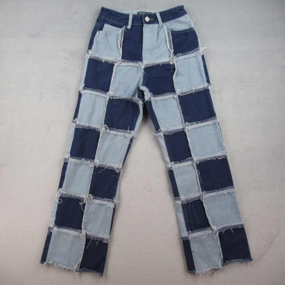 Nasty Gal Collection Patchwork Denim Jeans Blue Two Tone Raw Hem Size 8 3568